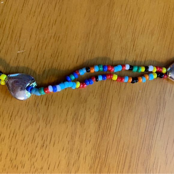 Hand-strung multicolor seed bead two strand necklace with silver tone hearts - Picture 3 of 4